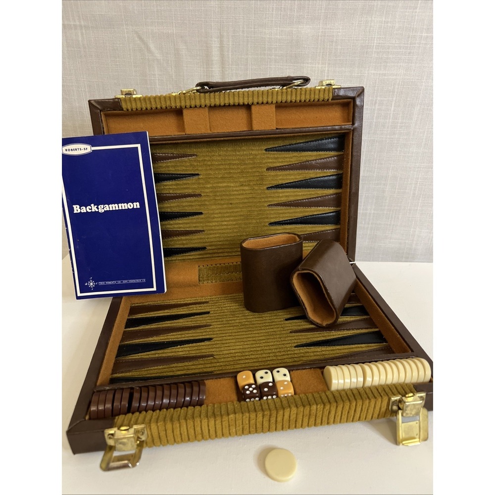Vintage 1970s Travel Backgammon Complete Set Brown Faux Leather Velour